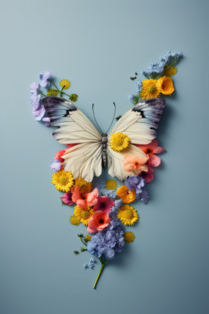 Butterfly made of colorful flowers on blue background. Creative layoutの素材