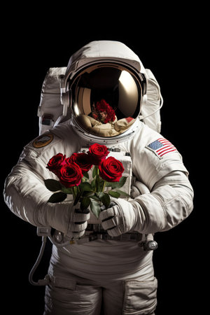Astronaut in spacesuit with red roses on black background.の素材