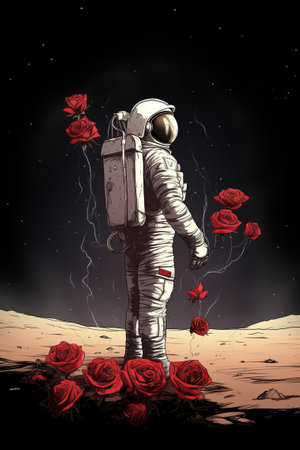Astronaut in the desert with red roses. Vector illustration.の素材