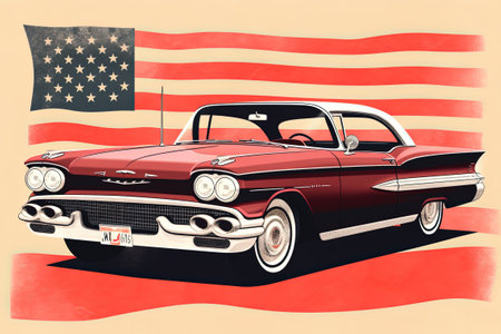 American vintage car on the background of the American flag. Vector illustration.の素材