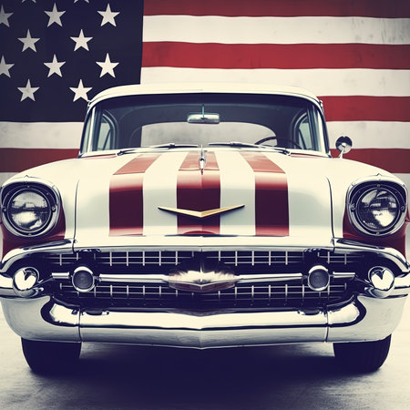 Vintage american car in front of american flag background.の素材