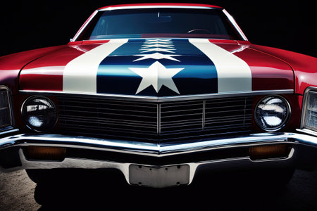 Classic american car on black background with flag of USA. 3d renderの素材