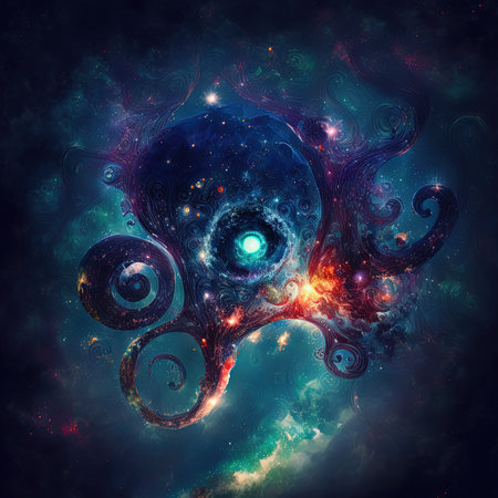 Abstract space background with octopus and nebula. Fantasy fractal design for greeting cards or t-shirtsの素材