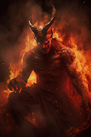3d illustration of a demon with horns and blood on his bodyの素材