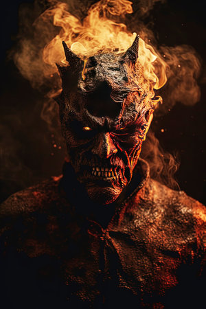 Close-up portrait of a man with a burning skull in the smoke. halloween.の素材