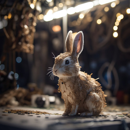 Cute Easter bunny toy on the background of a Christmas market.の素材