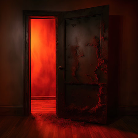 Door in the dark room. 3D rendering. red light.の素材