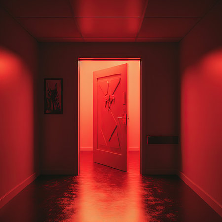 Red room with door and red wall, 3d rendering image.の素材