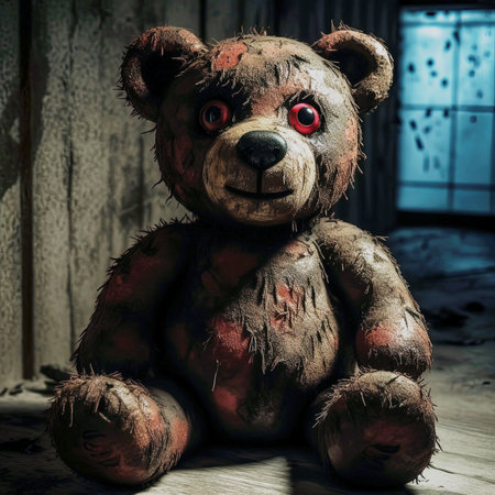 Teddy bear with blood on his face sitting in an abandoned houseの素材