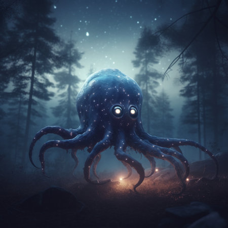 Octopus in the night forest. 3D illustration. Fantasy.の素材