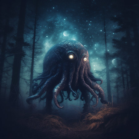 Fantasy octopus in the dark forest with moonlight, 3d illustrationの素材