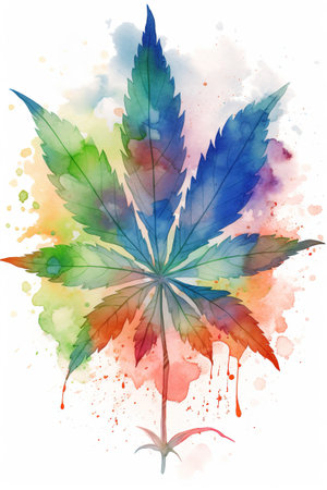 Watercolor cannabis leaf on watercolor background. Hand drawn illustration.の素材