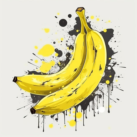 Hand drawn vector illustration of bananas on grunge ink splatter background.の素材