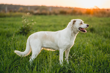 White dog in the field at sunset. Selective focus. Shallow depth of field.