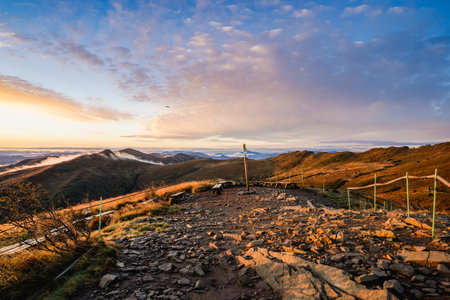 Landscape view of Carpathian mountains at sunset, Ukraine.の写真素材