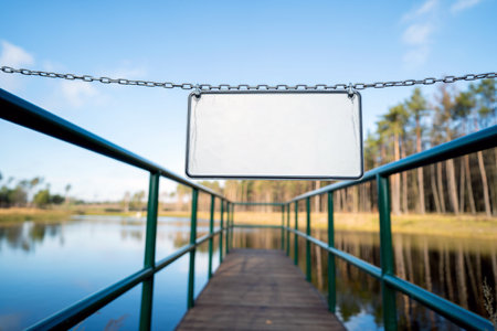 Blank signboard on the bridge over the lake with blue skyの写真素材