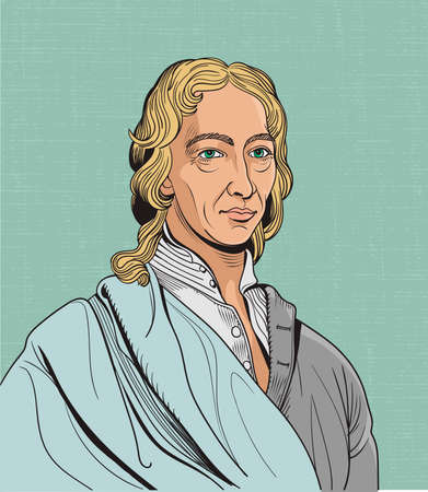 Robert Boyle cartoon portrait, he was philosopher, chemist, physicist and inventor, famous for his physics and chemistry. vectorのイラスト素材