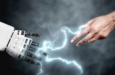 Robot and human connecting through electricity bolts