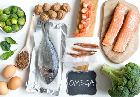 Food sources rich in omega including seafood, vegetables and seedsの写真素材