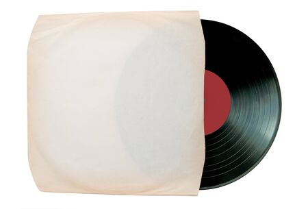 Vinyl record inside a white sleeve over a white backgroundの写真素材