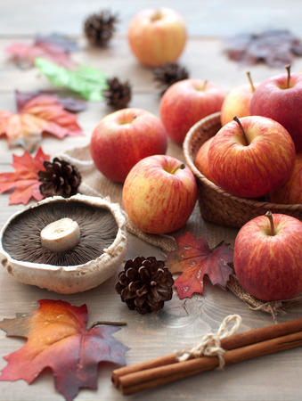 Autumn leaves with local produce including large mushrooms, applesの写真素材
