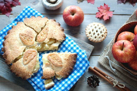 Sliced apple pie with fruit ingredients and cinammon sticks on one sideの写真素材