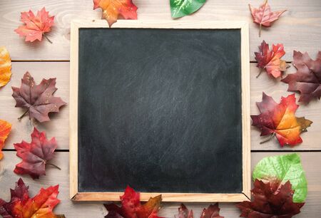 Autumn leaves around a blackboard with spaceの写真素材