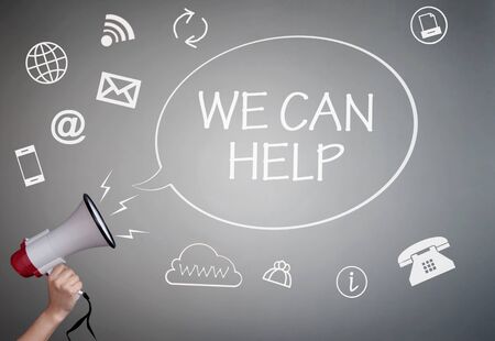 Megaphone talk bubble we can help handwritten message surrounded by iconsの写真素材