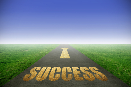 Success printed in gold on road with green grass on each sideの写真素材