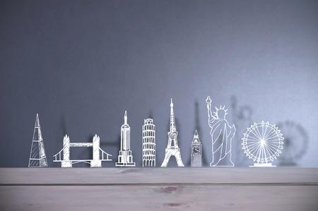 Global tourist landmarks sketched on a chalkboard with copy spaceの写真素材