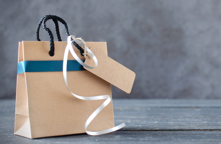 Gift bag with blank label with spaceの写真素材