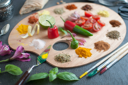 Food palette with fresh herbs and spicesの写真素材