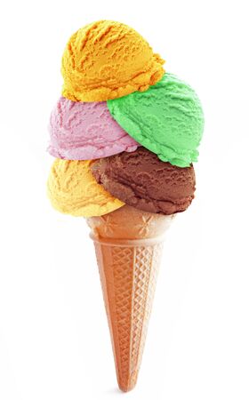 Assorted icecream scoops in a coneの写真素材