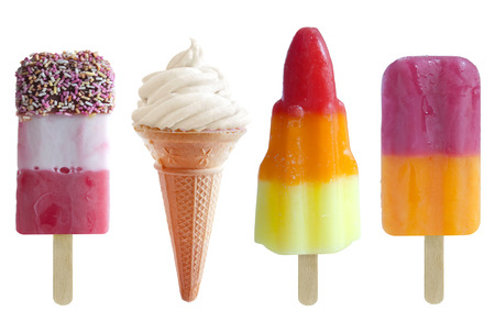 Assorted icecream and frozen popsicles over a white backgroundの写真素材
