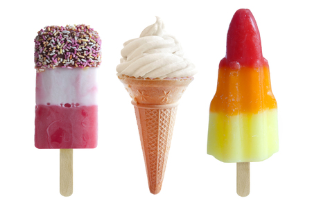 Assorted icecream and frozen lollies over a white backgroundの写真素材