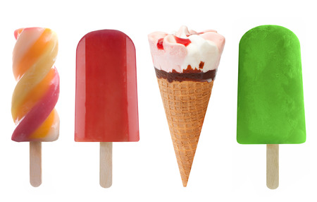 Set of four frozen lollies and icecream over a white backgroundの写真素材