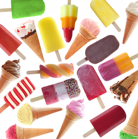 Flat lay view of many icecream, ice lollies and popsicles as a collection over a white backgroundの写真素材