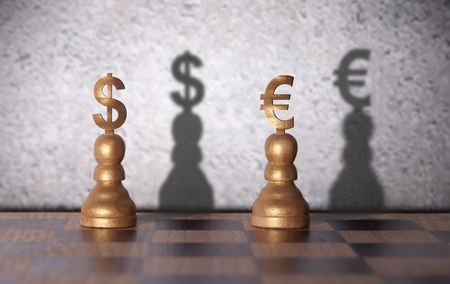 Dollar and euro shadow emerging from currency chess pawnsの写真素材
