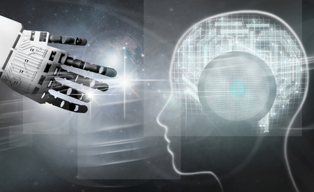Robot hand reaching towards brain made of circuitsの写真素材