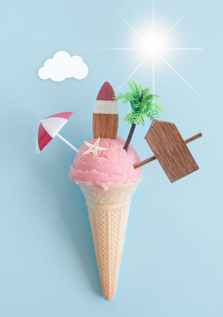 Strawberry icecream with beach items and sunshineの写真素材