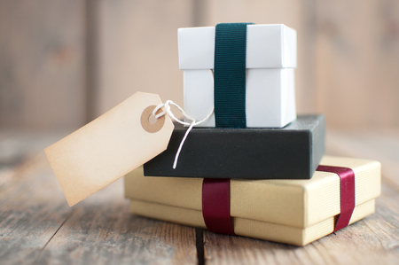 Gift boxes with blank label の写真素材