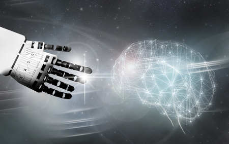 Robot hand reaching towards a brain の写真素材