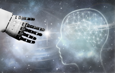 Robot hand reaching towards a brainの写真素材