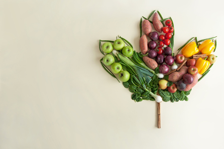 Autumn seasonal fruits and vegetables in the shape of a maple leafの写真素材