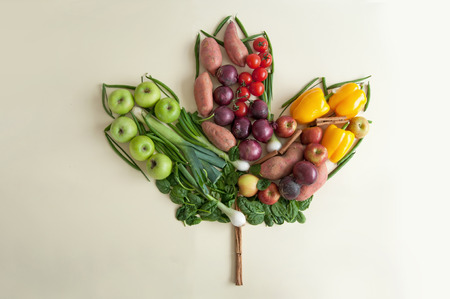 Autumn seasonal fruits and vegetables in the shape of a maple leafの写真素材