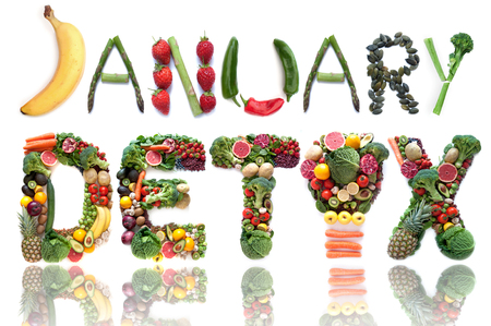 January detox spelt using large letters made of fruits and vegetables including light bulb symbolの写真素材