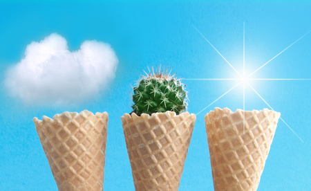 Ice cream cones on a beachy island with clouds, cactus and sunの写真素材