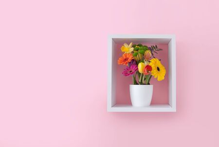 Spring flowers in a cube shelf display unit against pink wallpaper の写真素材