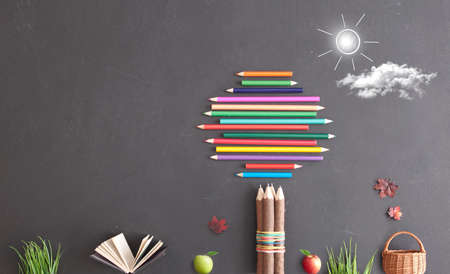 Tree made from stationery supplies with open book and autumn leaves on a chalkboardの写真素材