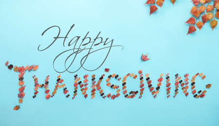Thanskgiving greeting created with autumnal leaves, pumpkin and pine conesの写真素材